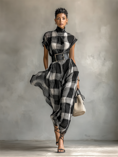 Maxi Dress – Elegant Check Chiffon with High Neck and Short Sleeves