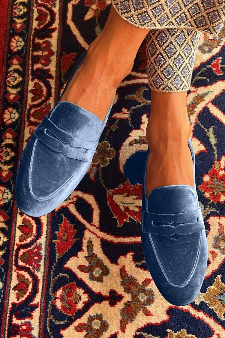 Linica – Elegant Blue Velvet Loafer with Patchwork Details