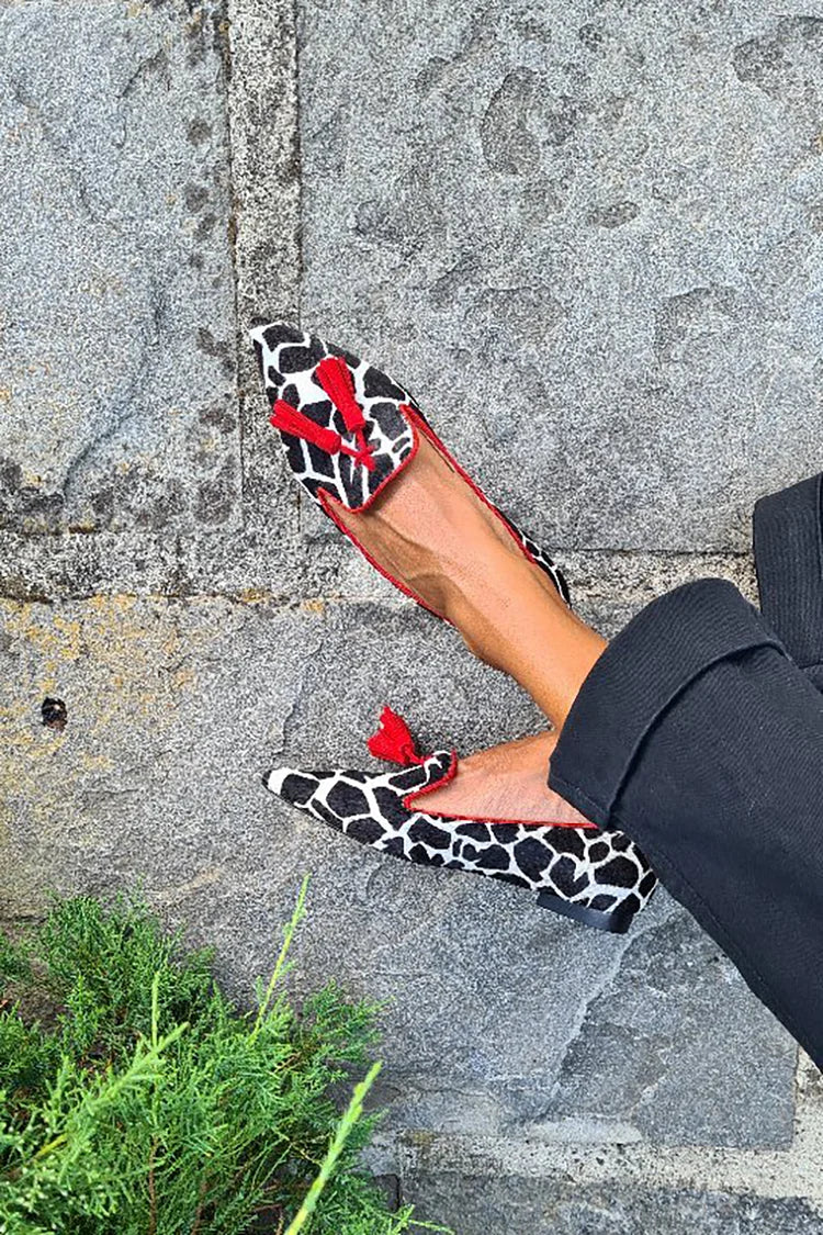 Catherine – Elegant Animal Print Loafer with Red Fringes