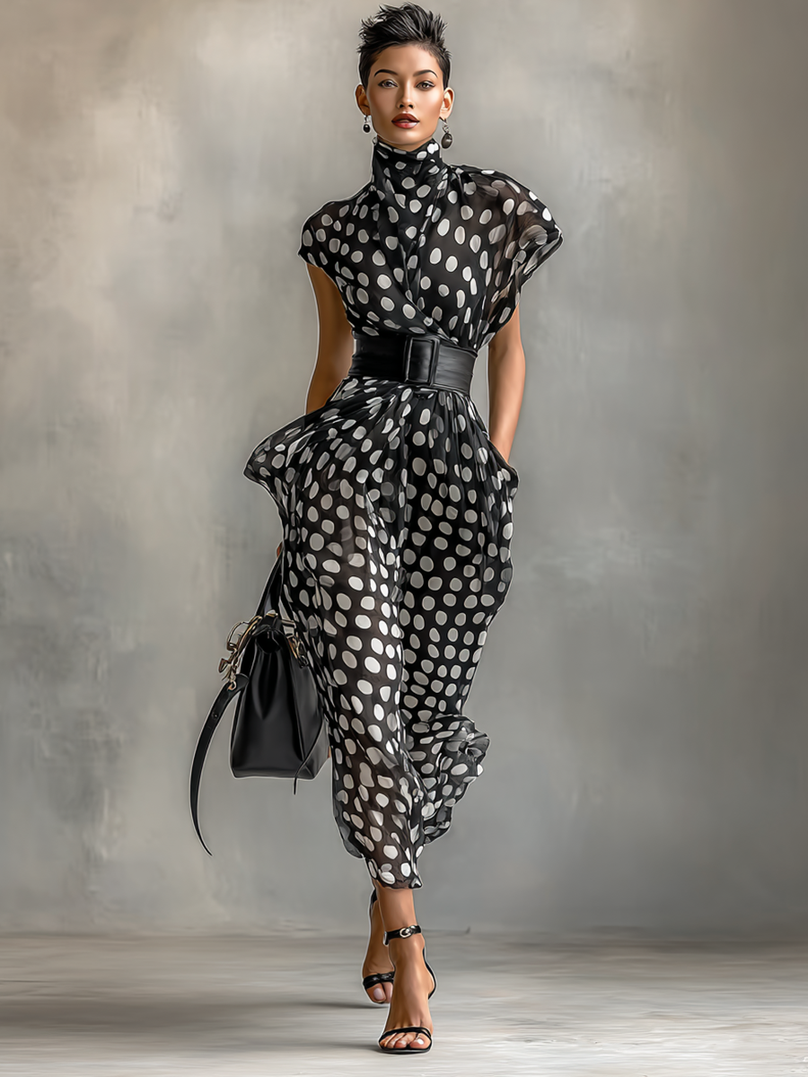 Maxi Dress – Elegant Chiffon Polka Dot Dress with High Neck