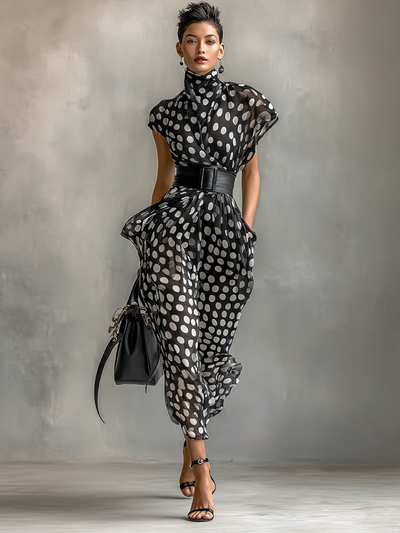 Maxi Dress – Elegant Chiffon Polka Dot Dress with High Neck