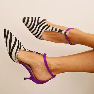 Savana™ | Zebra-print high heels with purple heel and back strap