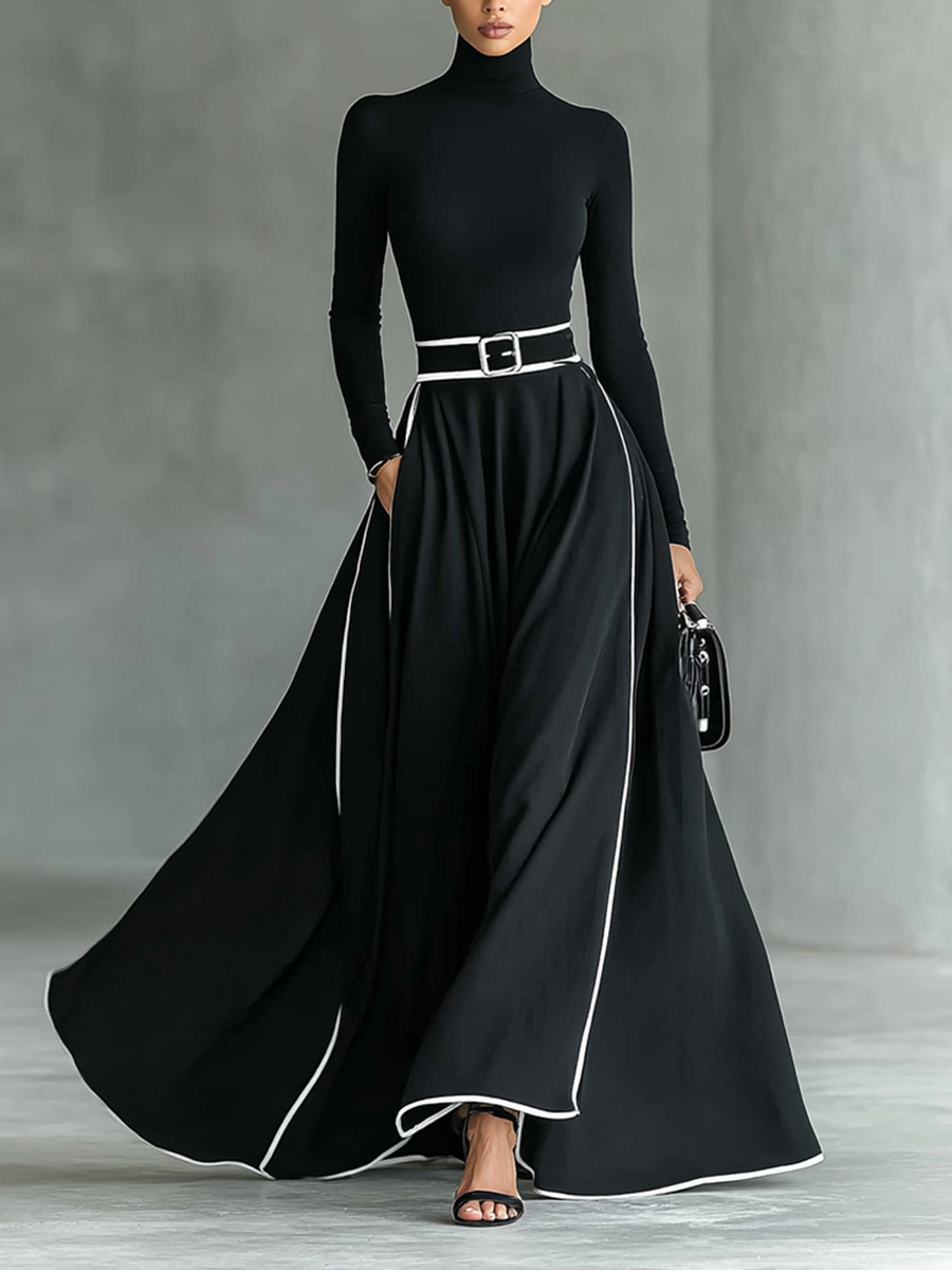 Black Maxi Dress – Elegant High Neck Dress with White Stitching and Fitted Waist