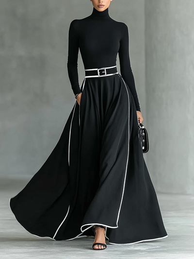 Black Maxi Dress – Elegant High Neck Dress with White Stitching and Fitted Waist