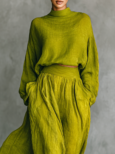 Women's Green Outfit – Elegant Cotton-Linen Blend Ensemble