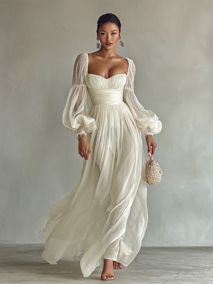 Women's Maxi Chiffon Dress – Elegant Square Neckline with Long Sleeves
