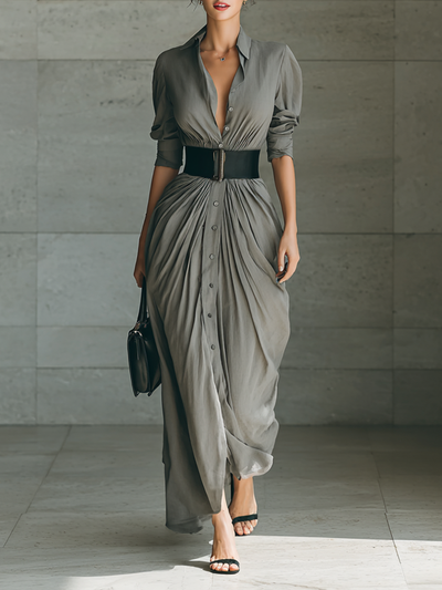 Maxi Dress – Elegant Notched Collar with Long Sleeves