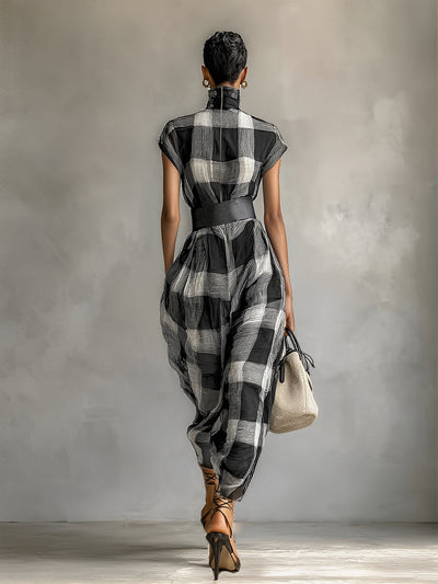 Maxi Dress – Elegant Check Chiffon with High Neck and Short Sleeves