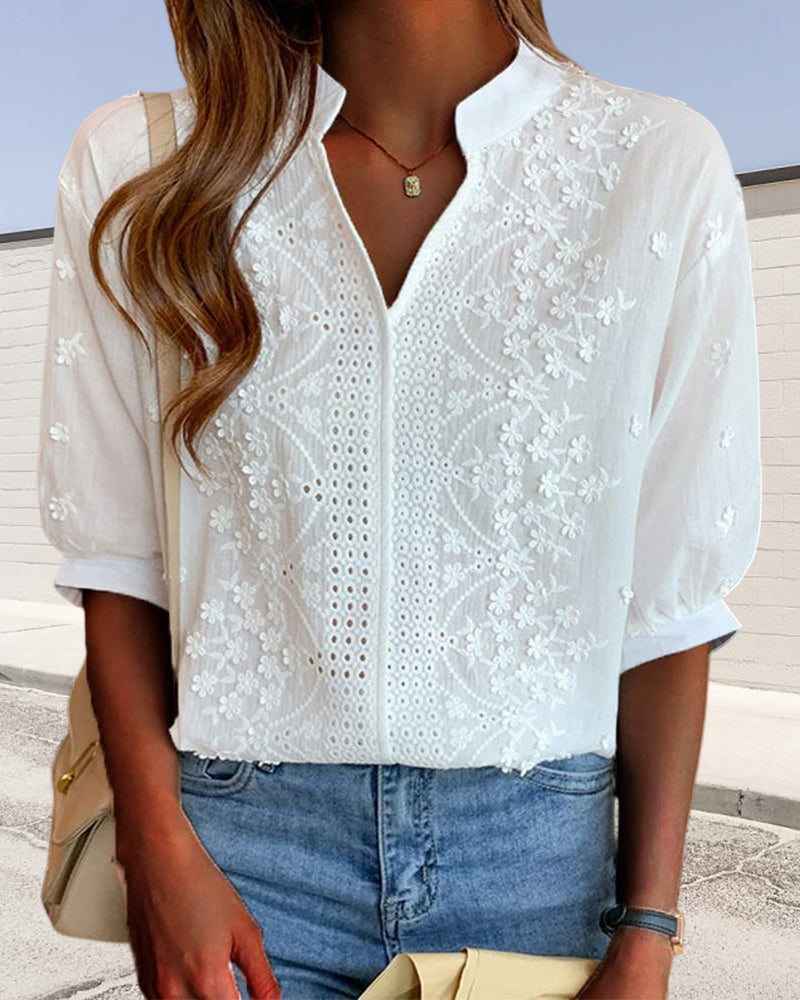 Celine – Embroidered Blouse with Split Collar