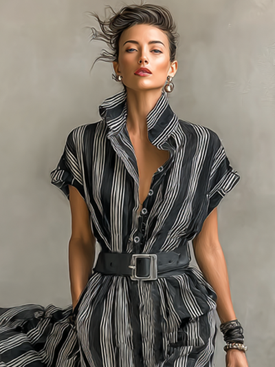 Maxi Striped Chiffon Dress – Elegant Dress with Collar and Short Sleeves, Complete with Belt