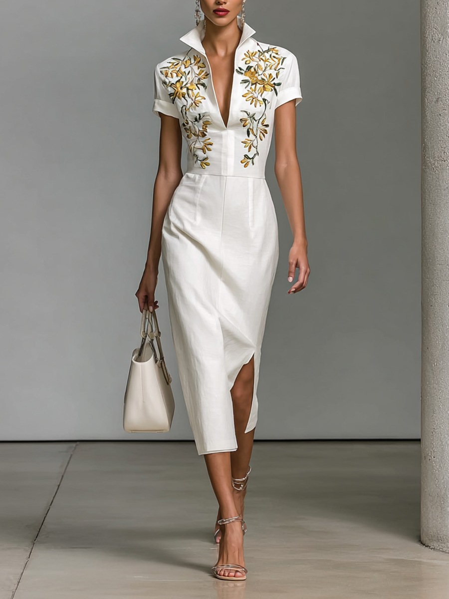 Embroidered Midi Dress – Elegant V-Neck Dress with Short Sleeves
