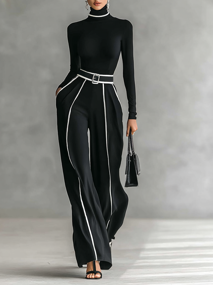 Two-Piece Women's Set – Elegant High-Neck Long-Sleeve Top with Wide-Leg Pants and Belt