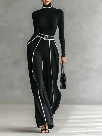 Two-Piece Women's Set – Elegant High-Neck Long-Sleeve Top with Wide-Leg Pants and Belt