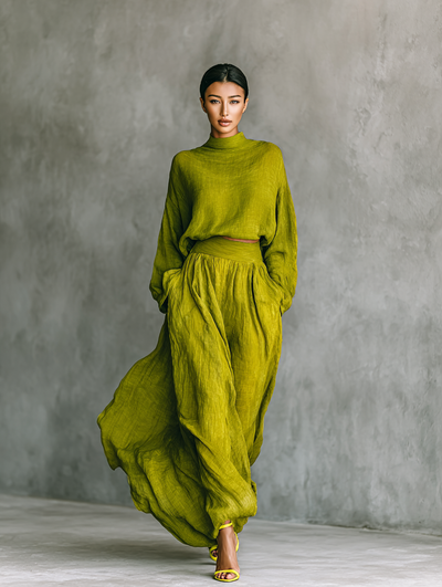 Women's Green Outfit – Elegant Cotton-Linen Blend Ensemble