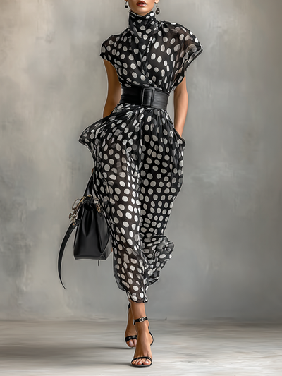 Maxi Dress – Elegant Chiffon Polka Dot Dress with High Neck
