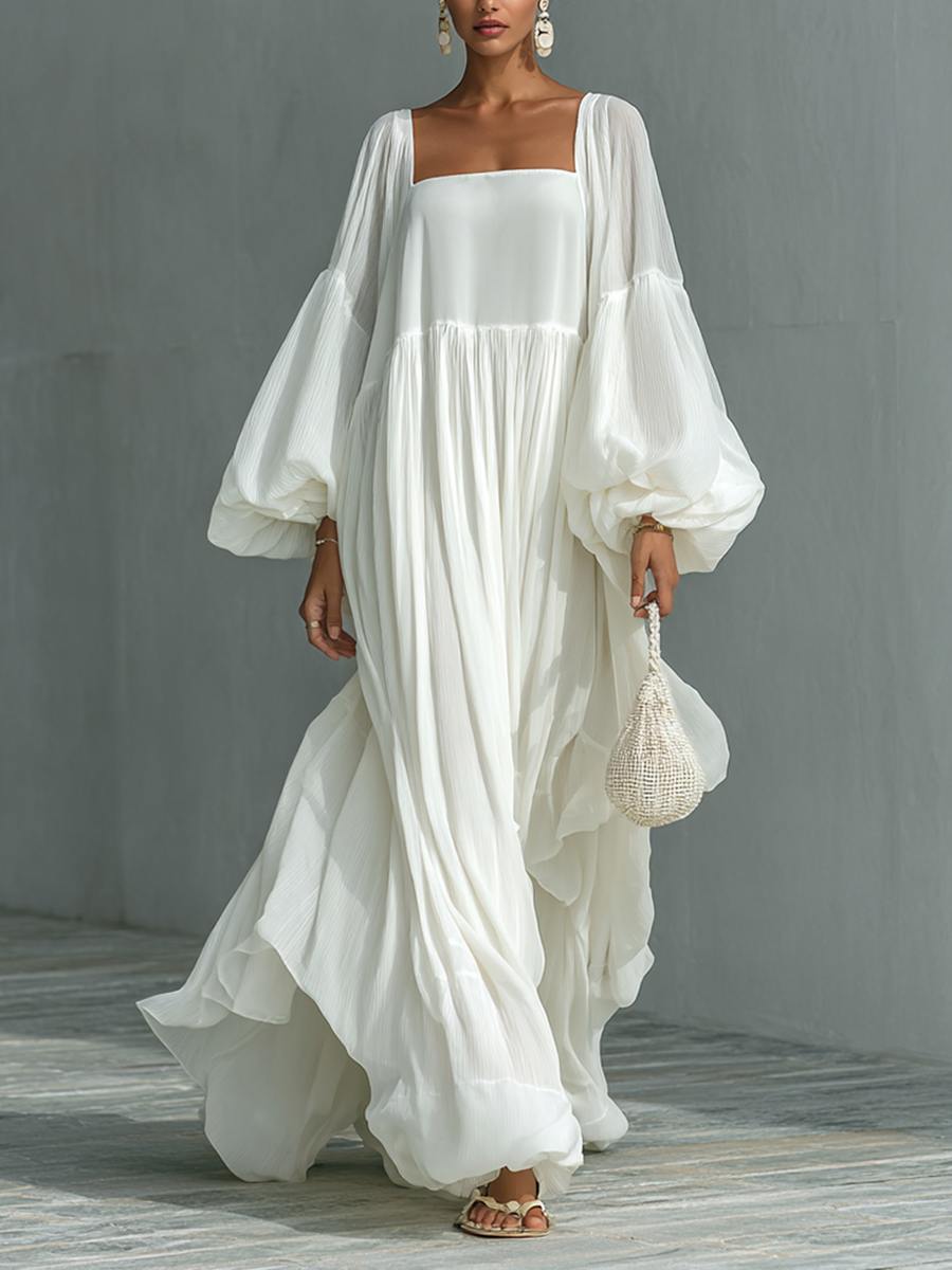 Maxi Pleated Dress – Elegant Lantern Sleeve Dress with Notched Collar
