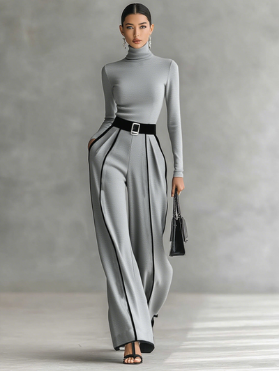 Two-Piece Women's Set – Elegant High-Neck Long-Sleeve Top with Wide-Leg Pants and Belt