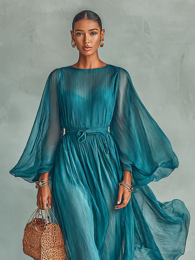 Maxi Chiffon Dress – Elegant Round Neck and Long Sleeve Design with Adjustable Waist for Women