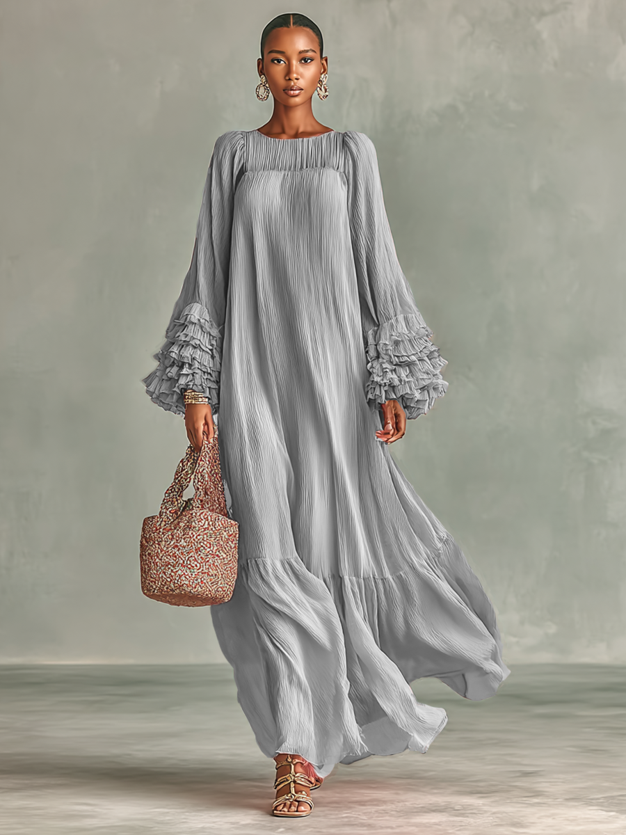 Maxi Dress – Elegant Pleated Chiffon with Long Sleeves and Ruffles