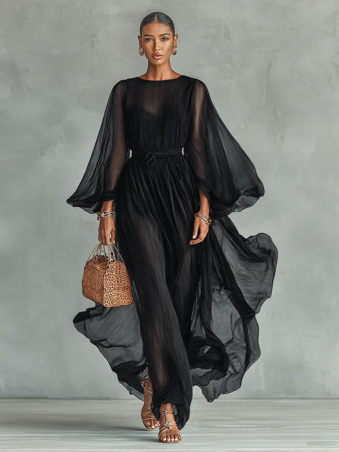 Maxi Chiffon Dress – Elegant Round Neck and Long Sleeve Design with Adjustable Waist for Women