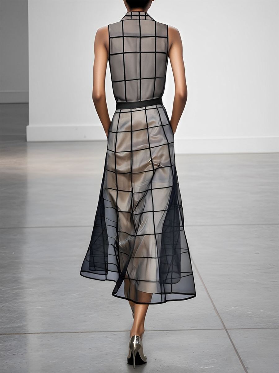 Maxi Sleeveless Dress – Elegant Check Tulle Dress with Collar and Belt