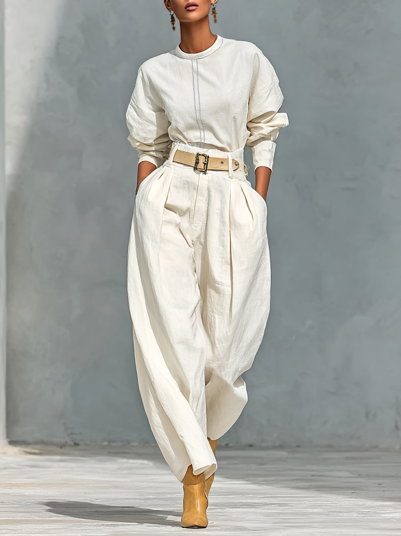 Long Sleeve Shirt and Wide Pants Set – Elegant Cotton and Linen Ensemble