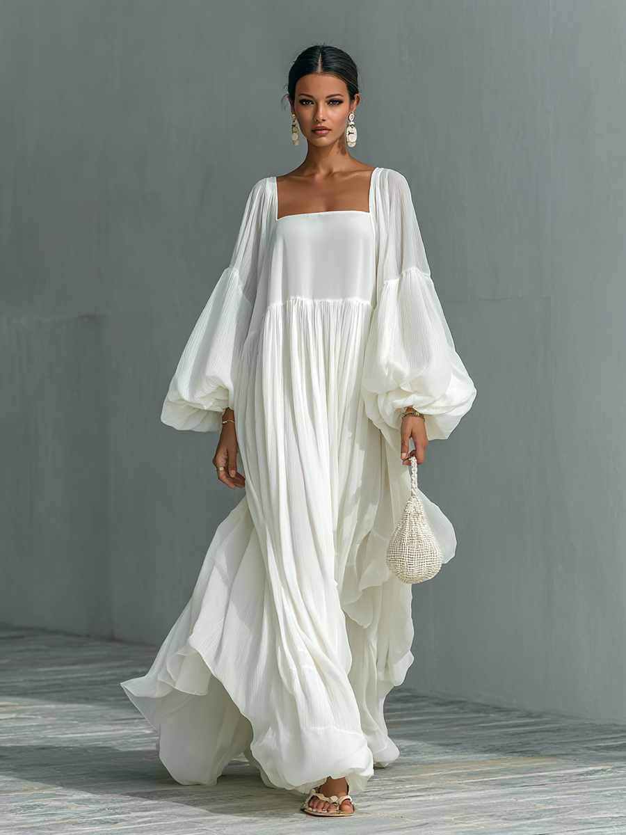 Maxi Pleated Dress – Elegant Lantern Sleeve Dress with Notched Collar