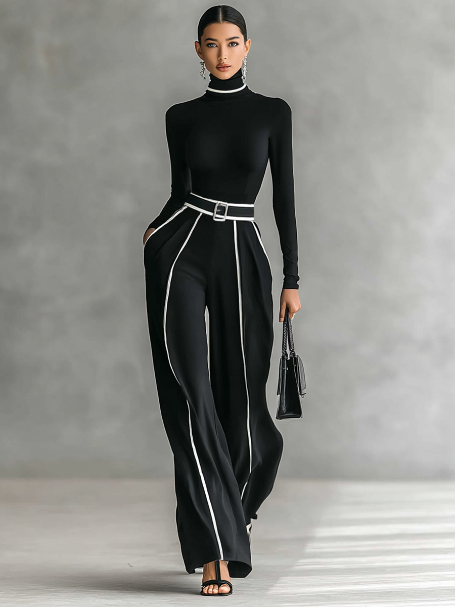 Two-Piece Women's Set – Elegant High-Neck Long-Sleeve Top with Wide-Leg Pants and Belt