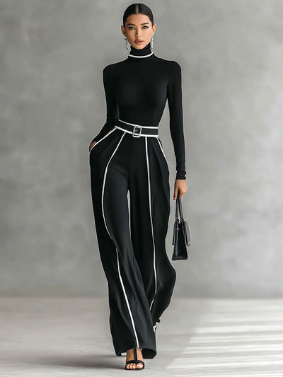 Two-Piece Women's Set – Elegant High-Neck Long-Sleeve Top with Wide-Leg Pants and Belt