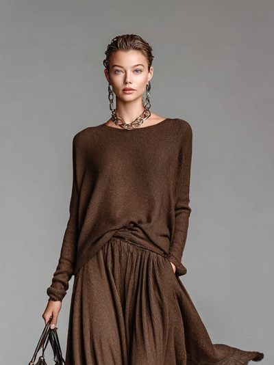Skirt and Knit Crew Neck Sweater Set – Elegant Knit and Skirt Ensemble