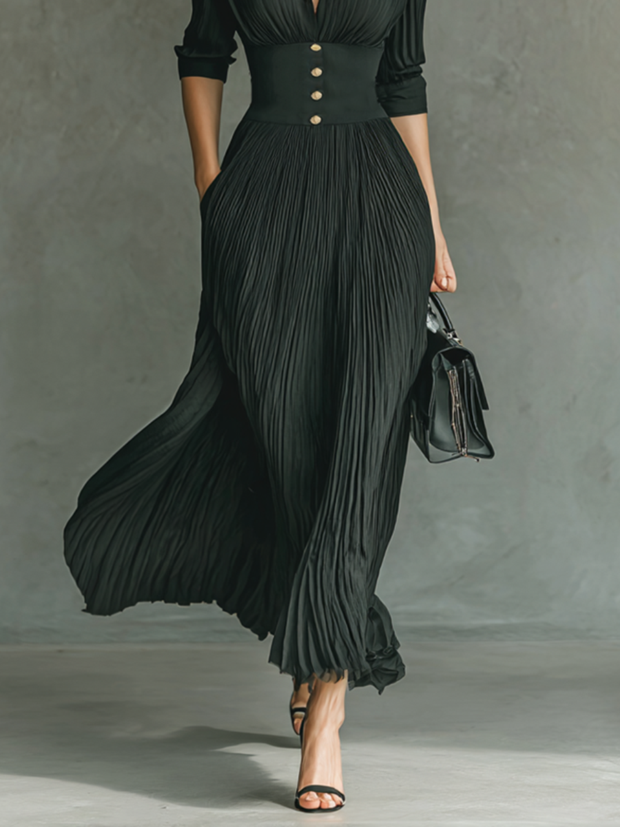 Long Maxi Dress – Elegant Notched Collar Dress with Pleats and Long Sleeves
