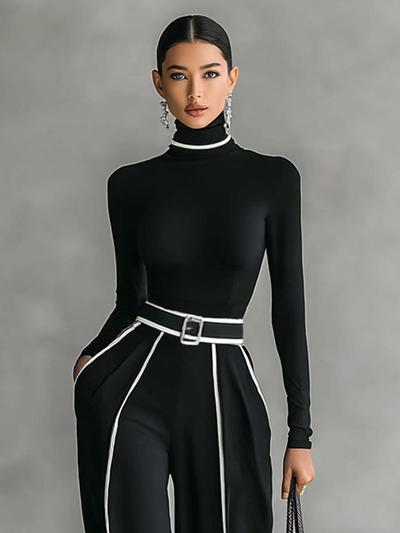 Two-Piece Women's Set – Elegant High-Neck Long-Sleeve Top with Wide-Leg Pants and Belt