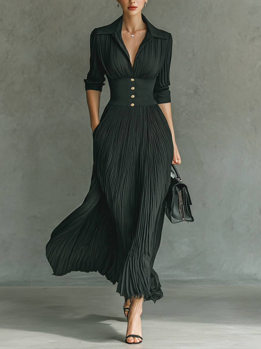 Long Maxi Dress – Elegant Notched Collar Dress with Pleats and Long Sleeves