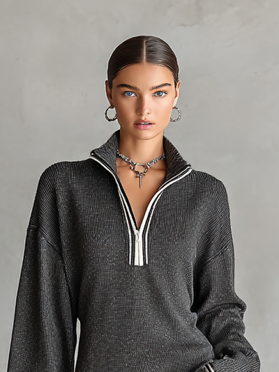 Wide Knit Mini Dress – Elegant Polo Collar and Zip Dress
