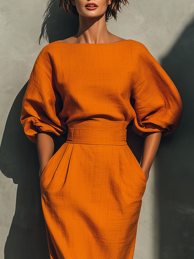 Vibrant Midi Skirt – Elegant Orange Cotton-Linen Blend