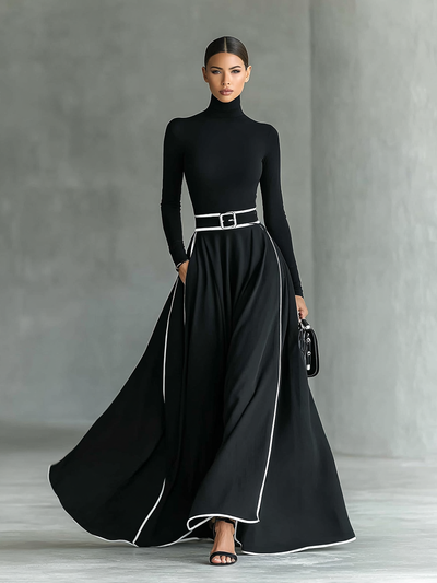 Black Maxi Dress – Elegant High Neck Dress with White Stitching and Fitted Waist