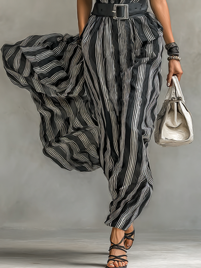 Maxi Striped Chiffon Dress – Elegant Dress with Collar and Short Sleeves, Complete with Belt