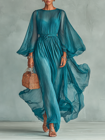 Maxi Chiffon Dress – Elegant Round Neck and Long Sleeve Design with Adjustable Waist for Women