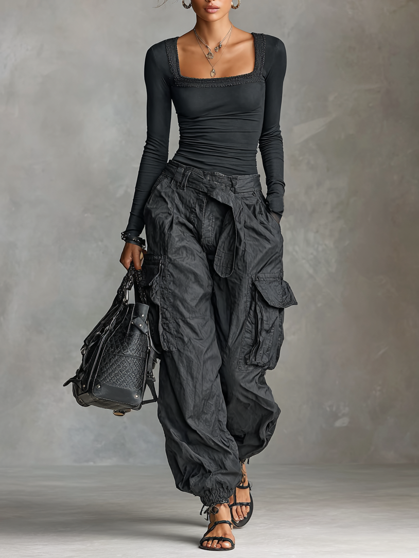 Two-Piece Set – Elegant Long Sleeve T-Shirt with Square Neck and Luxe Multi-Pocket Cargo Pants