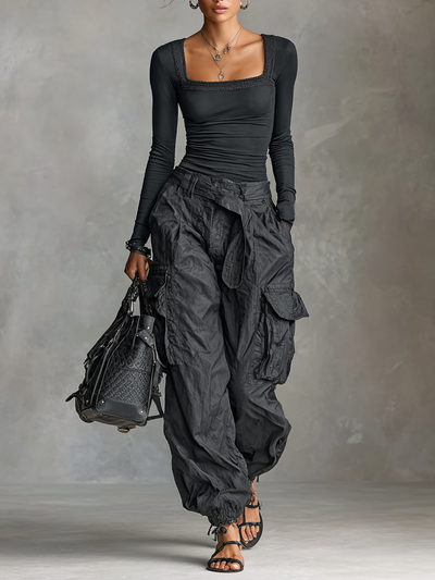 Two-Piece Set – Elegant Long Sleeve T-Shirt with Square Neck and Luxe Multi-Pocket Cargo Pants