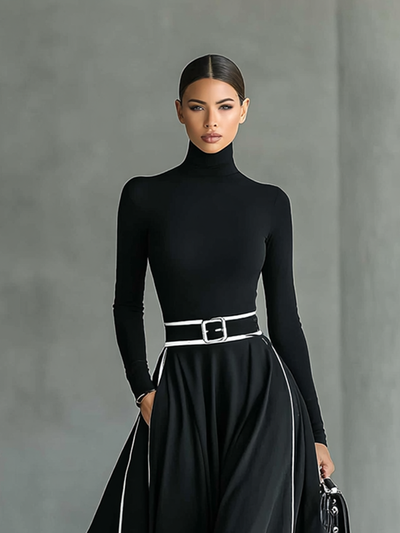 Black Maxi Dress – Elegant High Neck Dress with White Stitching and Fitted Waist