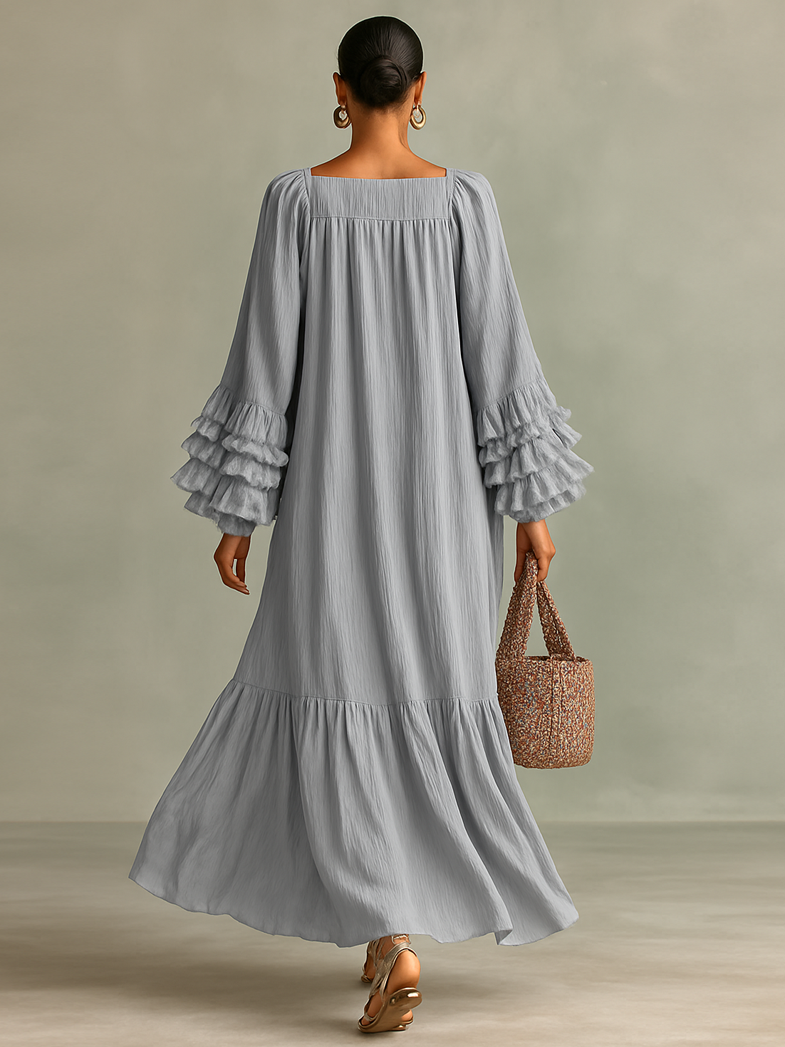 Maxi Dress – Elegant Pleated Chiffon with Long Sleeves and Ruffles