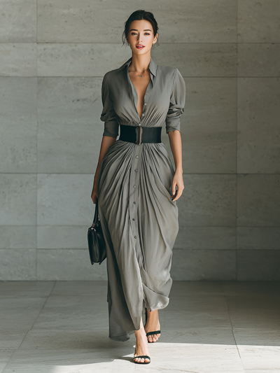 Maxi Dress – Elegant Notched Collar with Long Sleeves