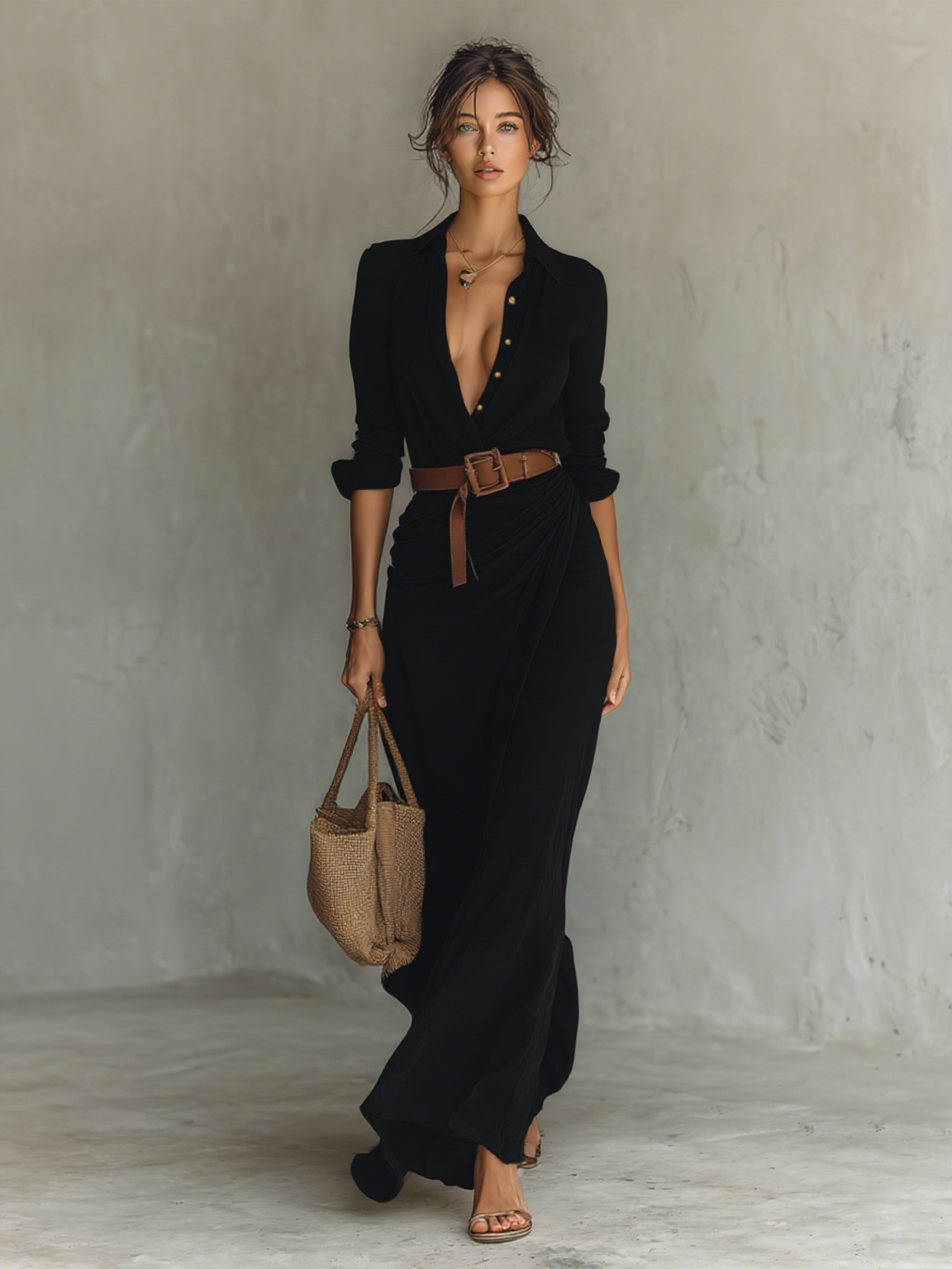 Long Maxi Dress – Elegant Notched Collar Dress with Included Belt