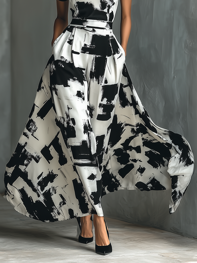 Short Sleeve Maxi Dress – Elegant Abstract Print Dress