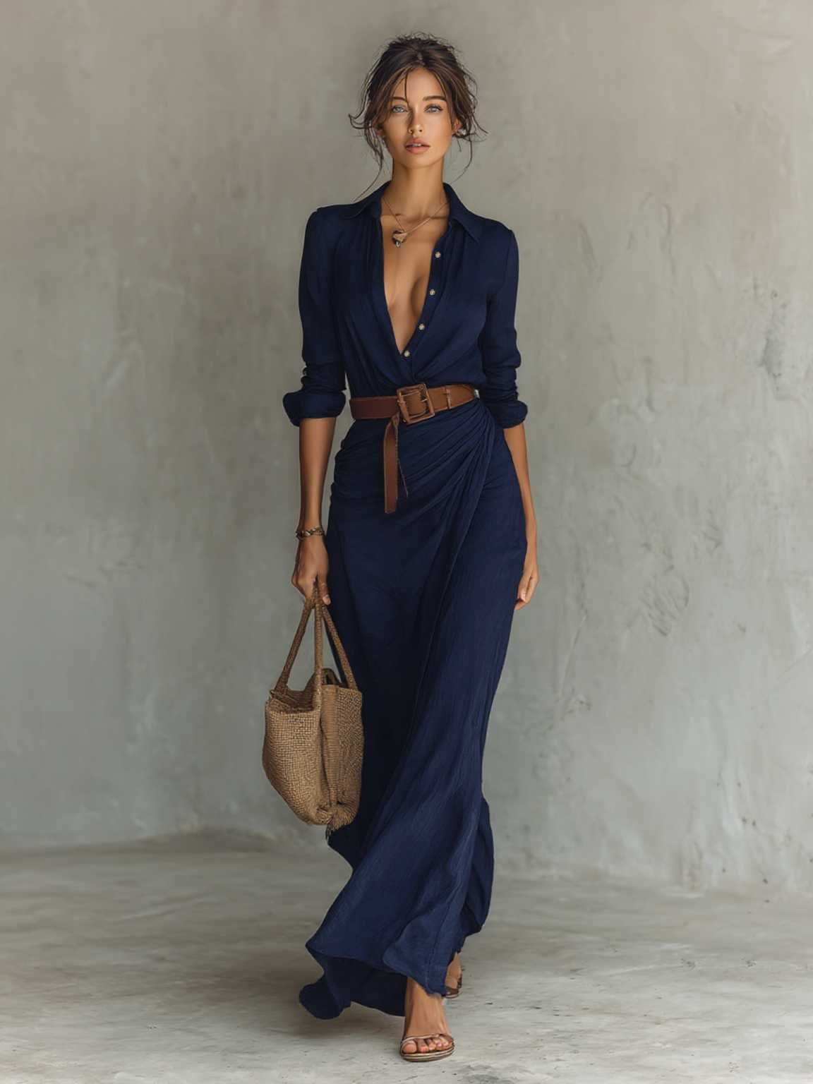 Long Maxi Dress – Elegant Notched Collar Dress with Included Belt