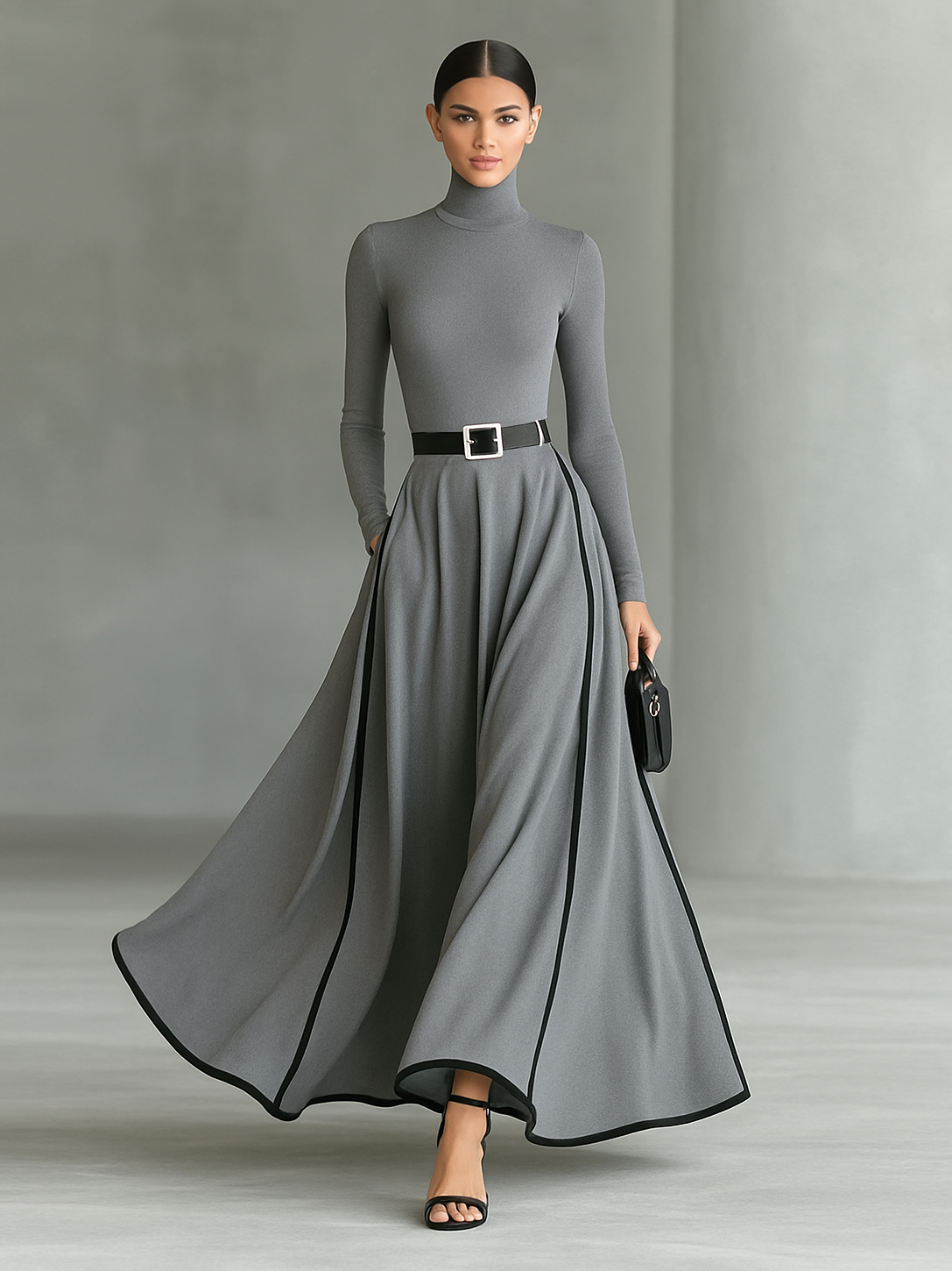 Black Maxi Dress – Elegant High Neck Dress with White Stitching and Fitted Waist