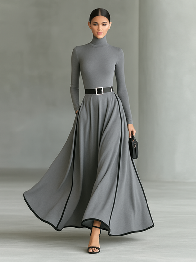Black Maxi Dress – Elegant High Neck Dress with White Stitching and Fitted Waist