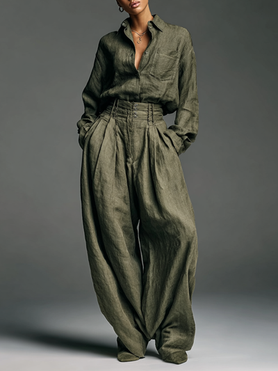 Two-Piece Women's Cotton and Linen Set – Elegant Long Sleeve Shirt and Wide Leg Trousers