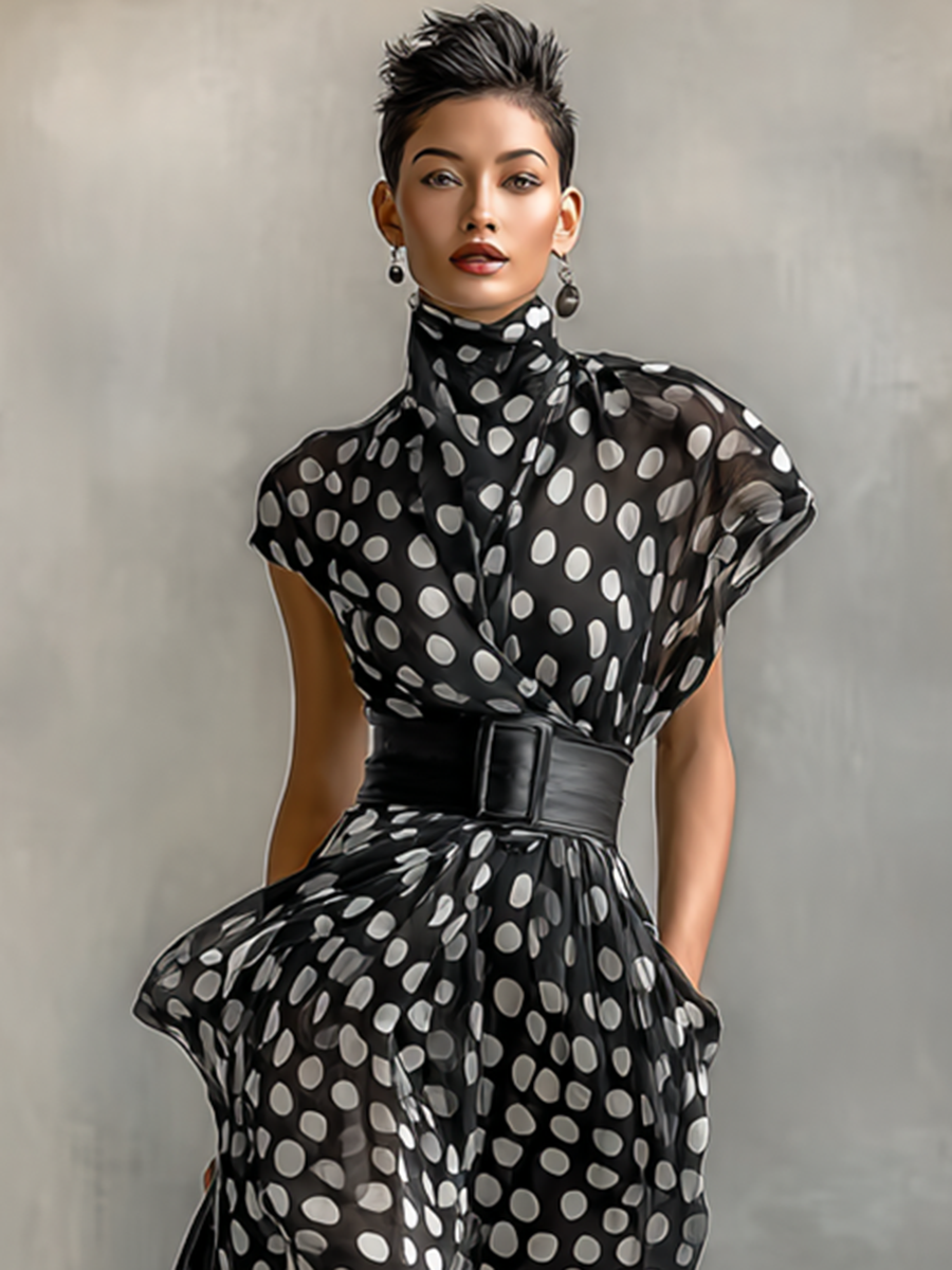 Maxi Dress – Elegant Chiffon Polka Dot Dress with High Neck